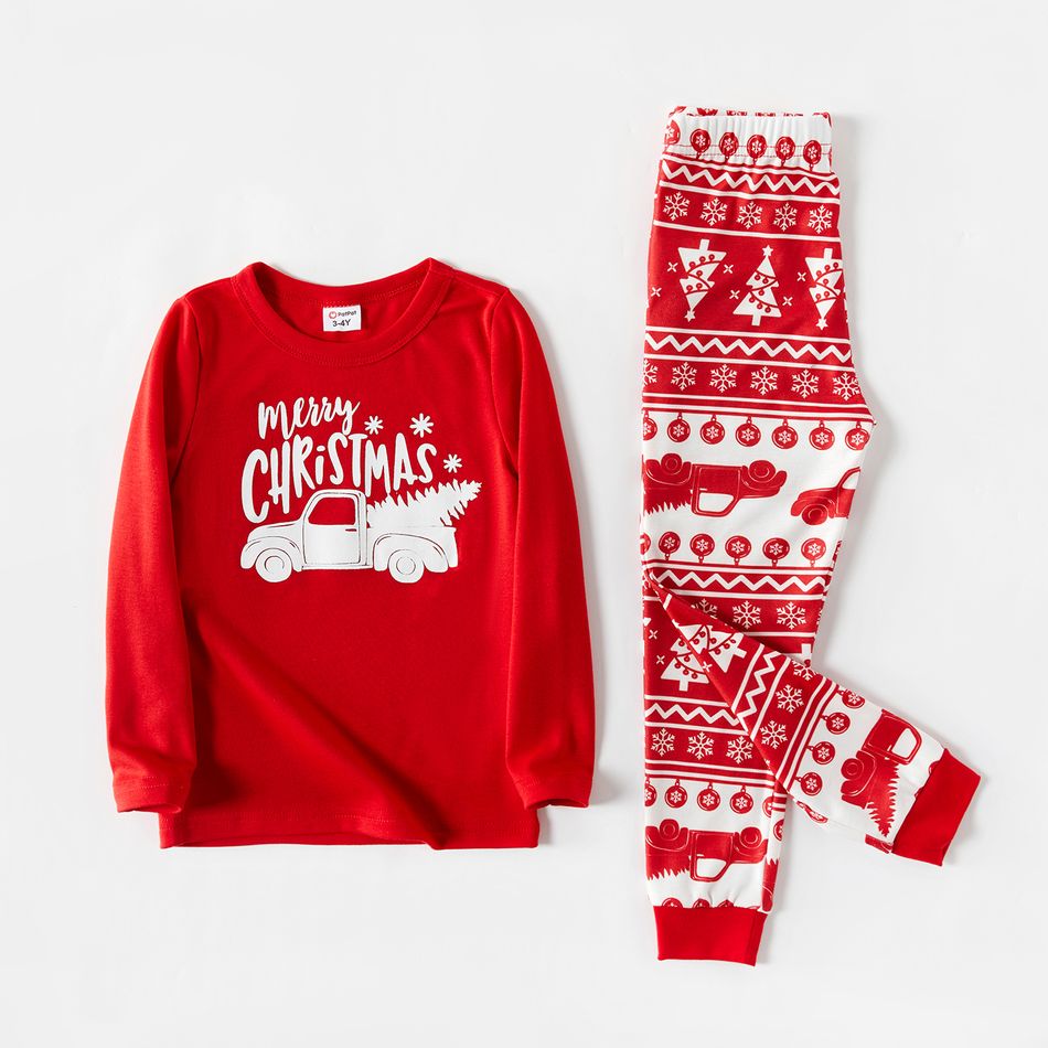 Christmas Car and Letter Print Snug Fit Red Family Matching Long-sleeve Pajamas Sets Red big image 7