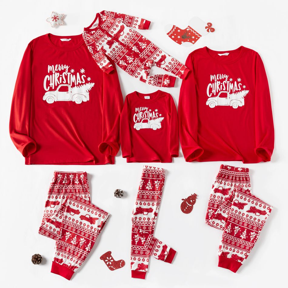 Christmas Car and Letter Print Snug Fit Red Family Matching Long-sleeve Pajamas Sets Red