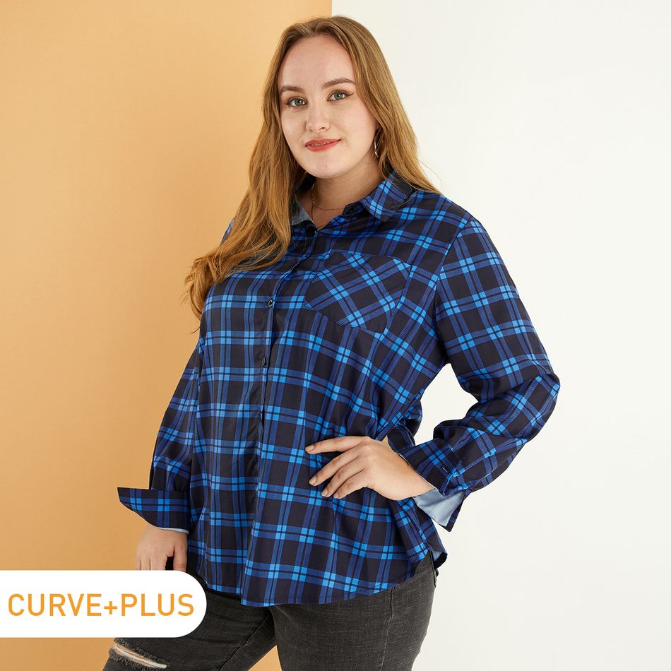 Women Plus Size Basics Lapel Collar Button Design Plaid Shirt Dark Blue