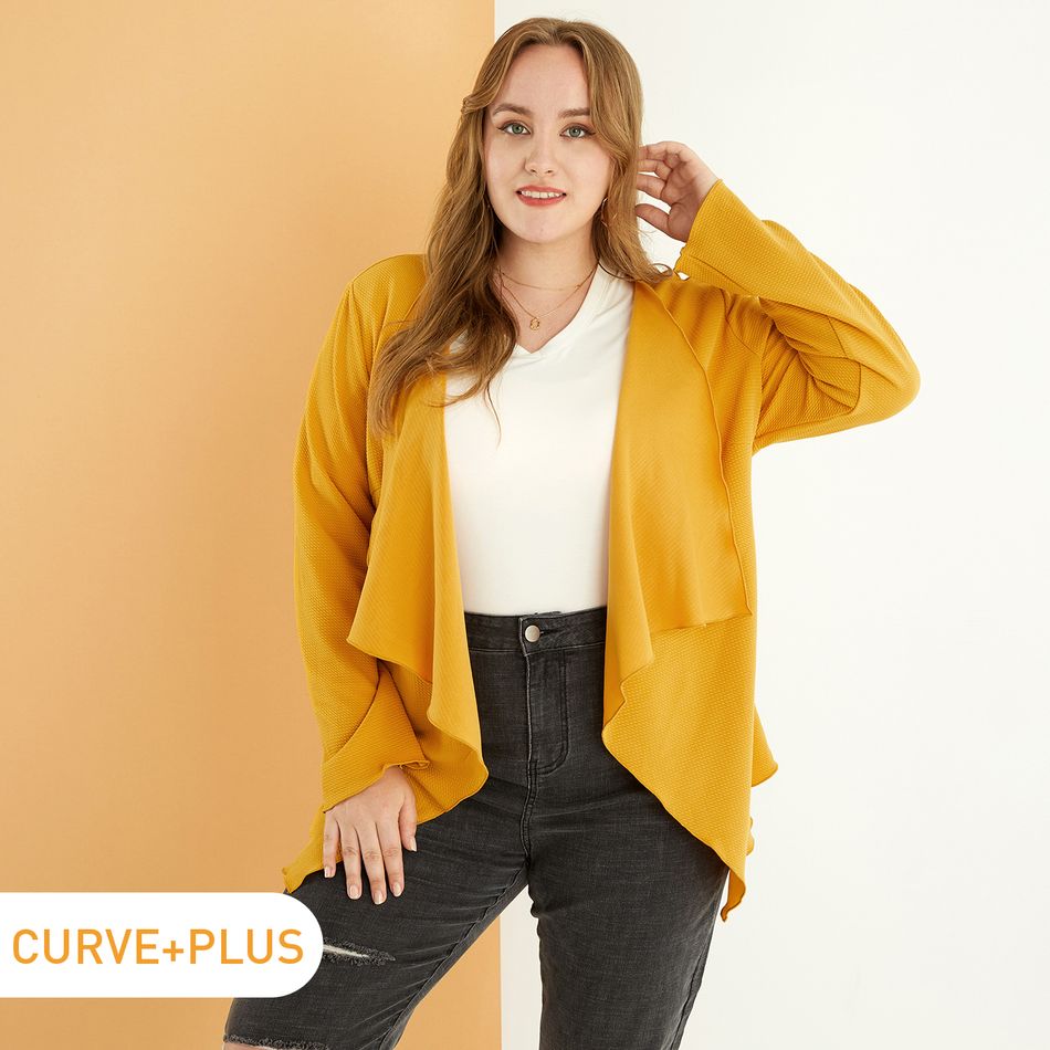 Women Plus Size Elegant Waterfall Collar Belted Coat Yellow