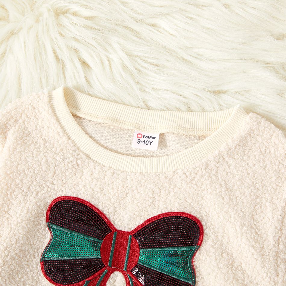 Kid Girl Christmas Sequined Bowknot Design/Tree Embroidered Teddy Fuzzy Pullover Sweatshirt Beige big image 3