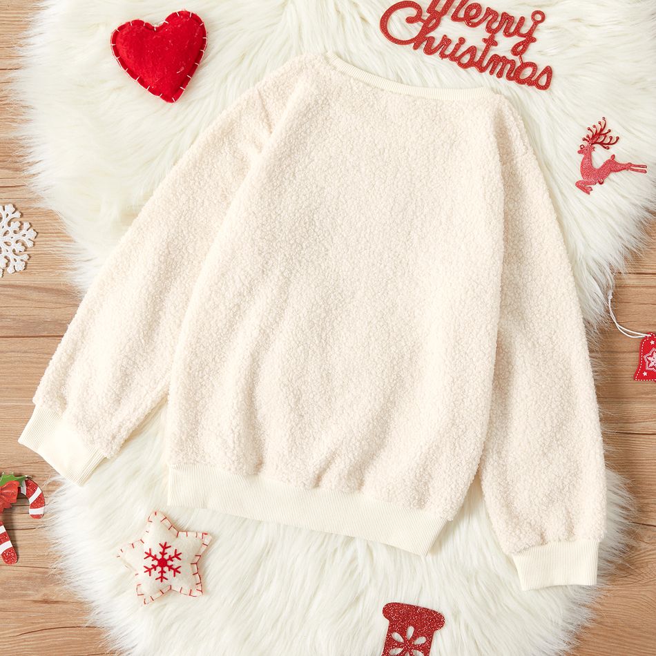 Kid Girl Christmas Sequined Bowknot Design/Tree Embroidered Teddy Fuzzy Pullover Sweatshirt Beige big image 6