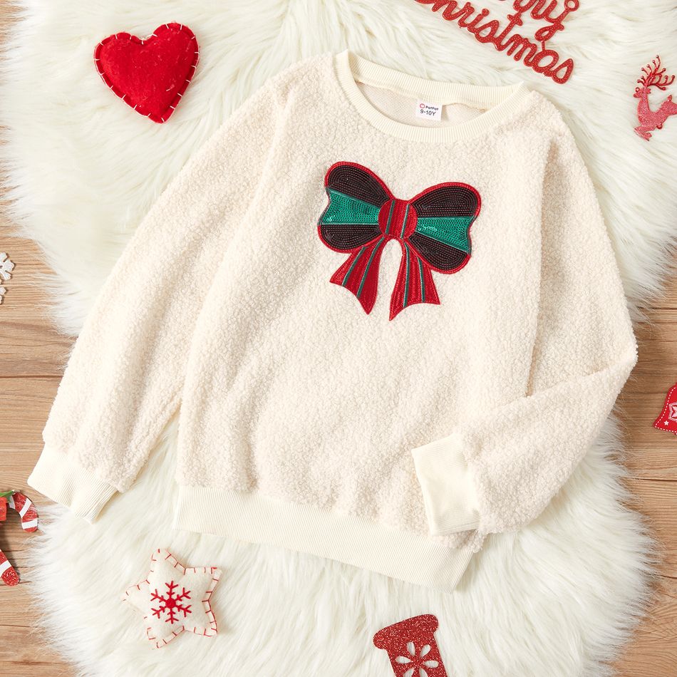 Kid Girl Christmas Sequined Bowknot Design/Tree Embroidered Teddy Fuzzy Pullover Sweatshirt Beige big image 1
