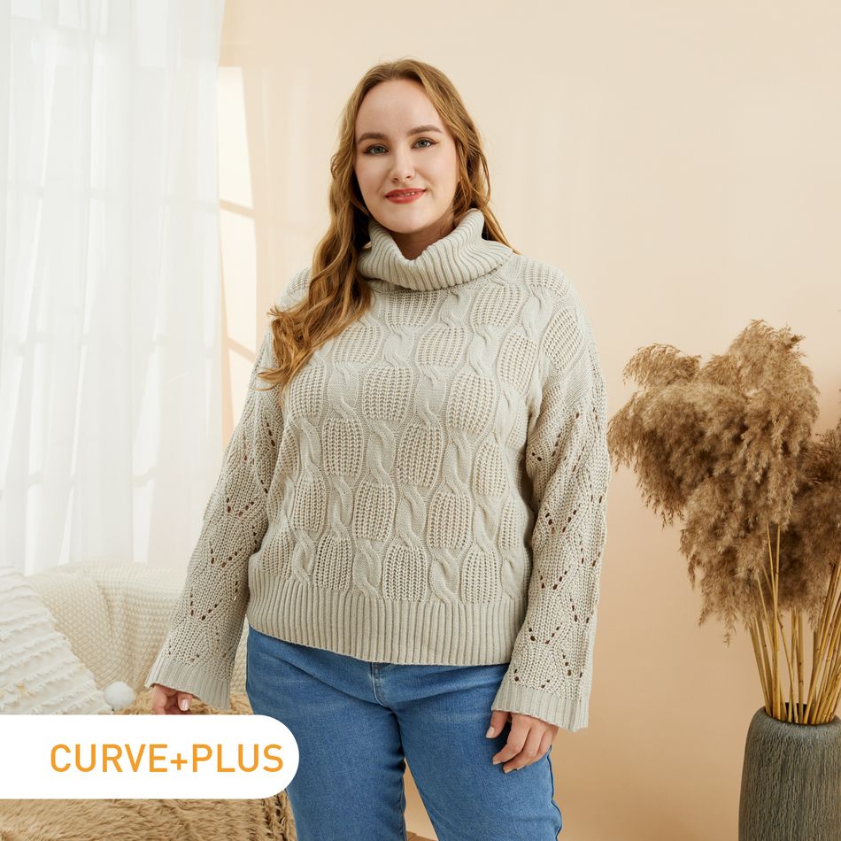 Women Plus Size Elegant Turtleneck Cable Knit Sweater Apricot