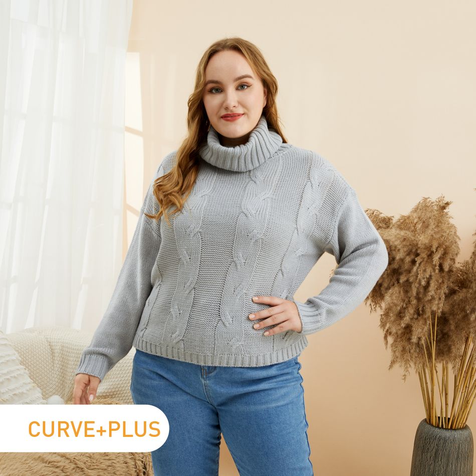 Women Plus Size Casual Turtleneck Grey Cable Knit Sweater Grey