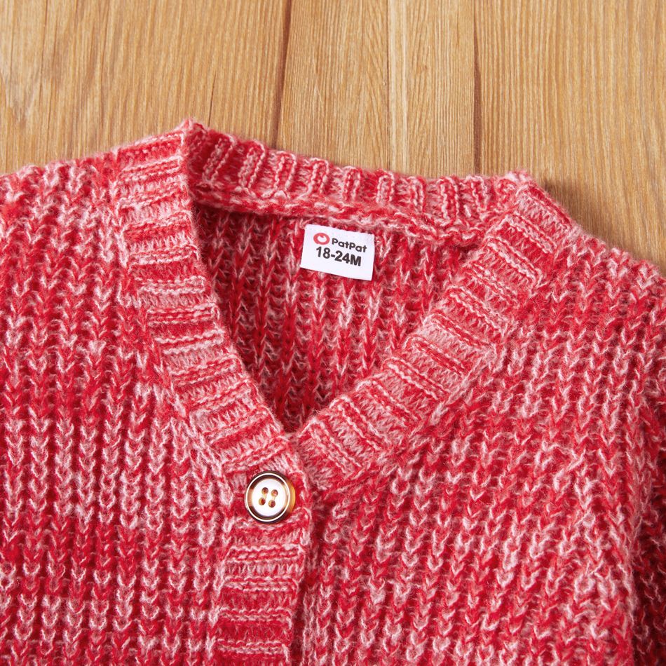 Toddler Girl Button Design Waffle Knit Sweater Cardigan Red/White big image 4