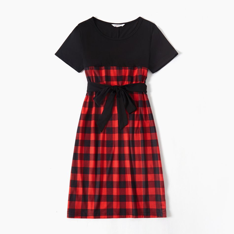 Family Matching Red Plaid Splicing Short-sleeve Belted Dresses and Polo Shirts Sets Color block big image 2