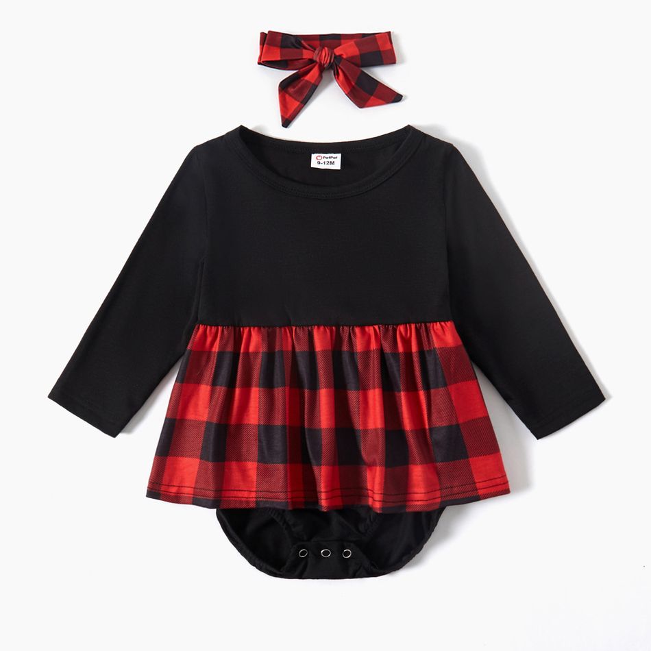 Family Matching Red Plaid Splicing Short-sleeve Belted Dresses and Polo Shirts Sets Color block big image 7