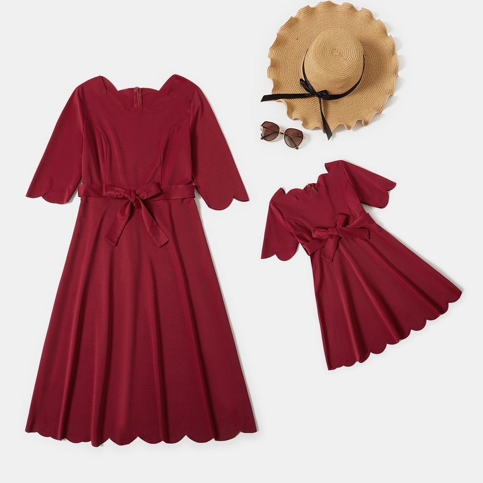 Wine Red Scallop Trim Neck Belted Midi Dress for Mom and Me Burgundy