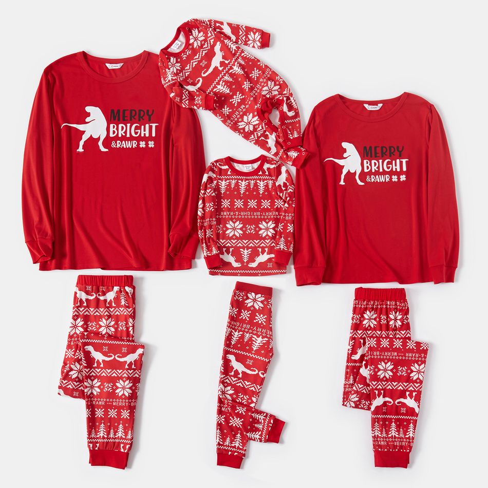 Christmas Dinosaur and Letter Print Snug Fit Red Family Matching Long-sleeve Pajamas Sets Red