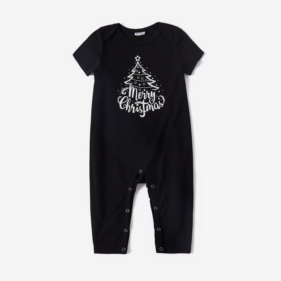 Christmas Tree and Letter Print Family Matching Black Short-sleeve Plaid Pajamas Sets (Flame Resistant) Black big image 9