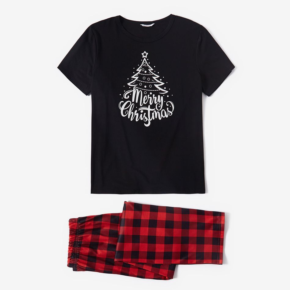 Christmas Tree and Letter Print Family Matching Black Short-sleeve Plaid Pajamas Sets (Flame Resistant) Black big image 2