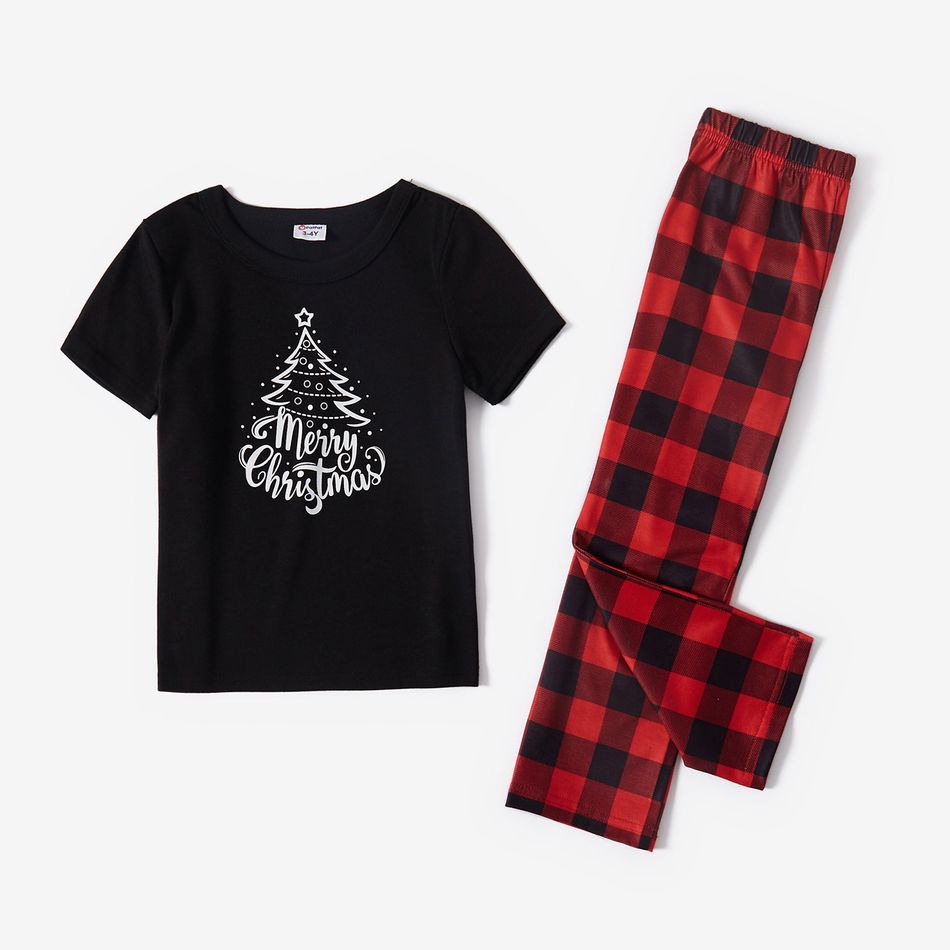 Christmas Tree and Letter Print Family Matching Black Short-sleeve Plaid Pajamas Sets (Flame Resistant) Black big image 7