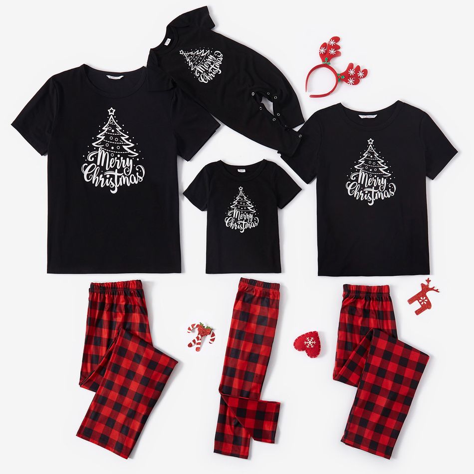 Christmas Tree and Letter Print Family Matching Black Short-sleeve Plaid Pajamas Sets (Flame Resistant) Black big image 1