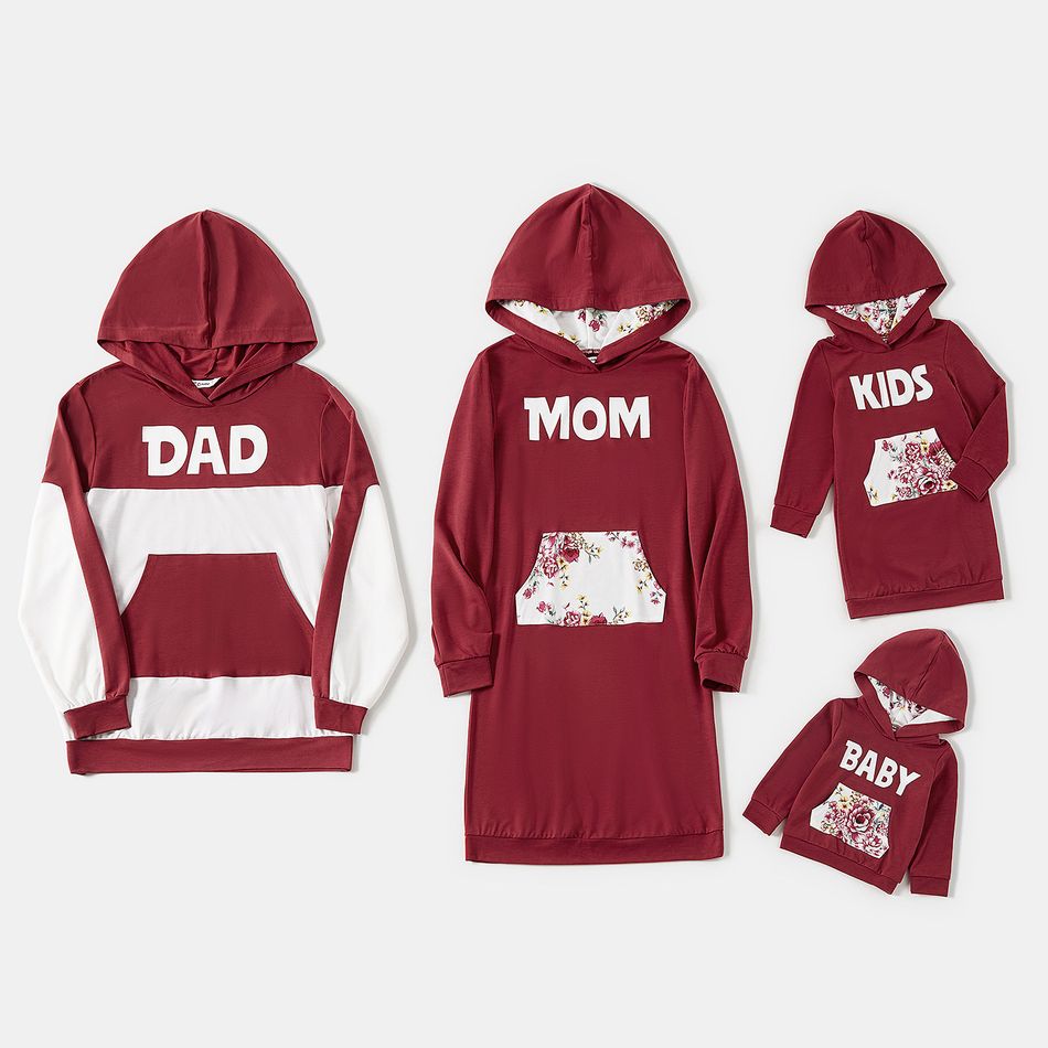 Family Matching Wine Red Letter and Floral Print Hoodie Sweatshirts Sets Burgundy