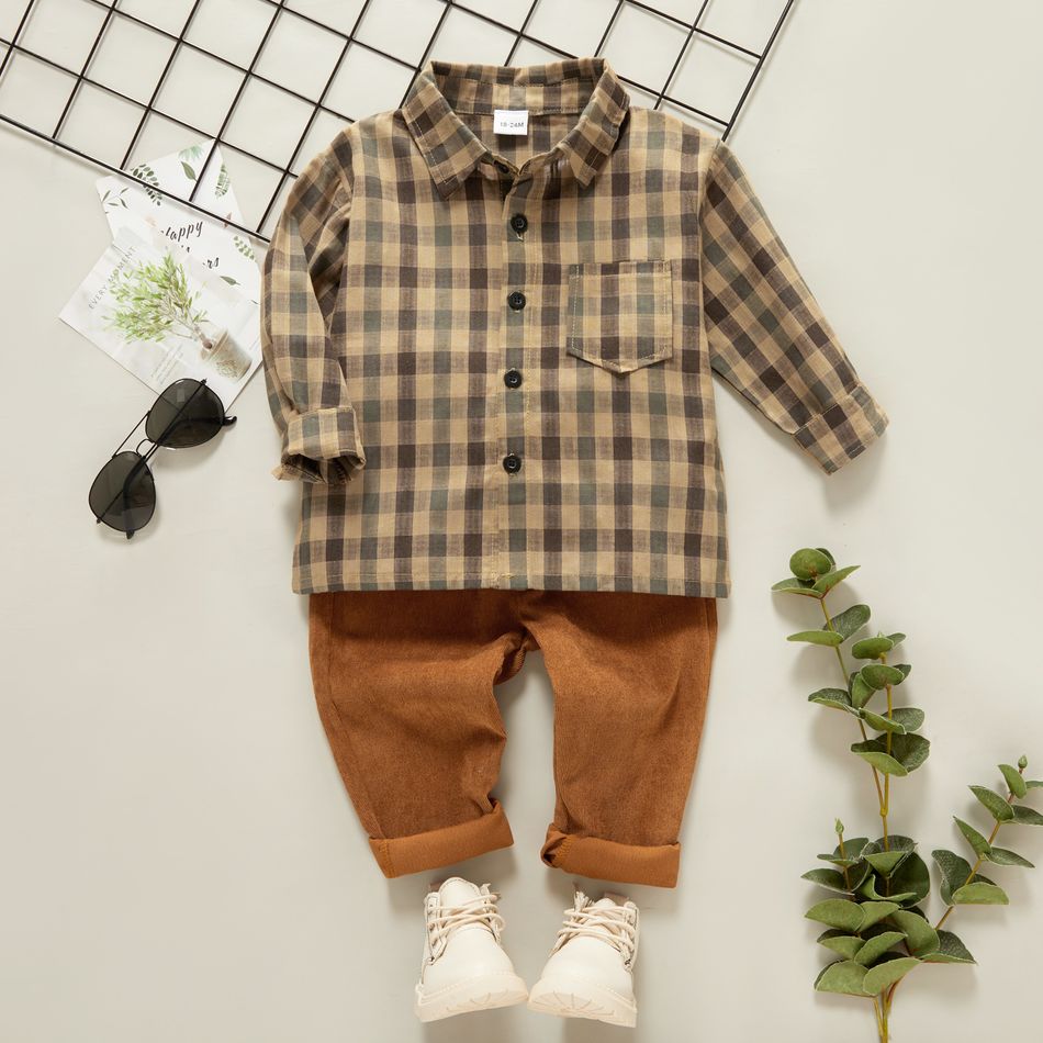 2-piece Toddler Boy Lapel Collar Button Down Plaid Shirt and Elasticized Solid Pants Set Brown
