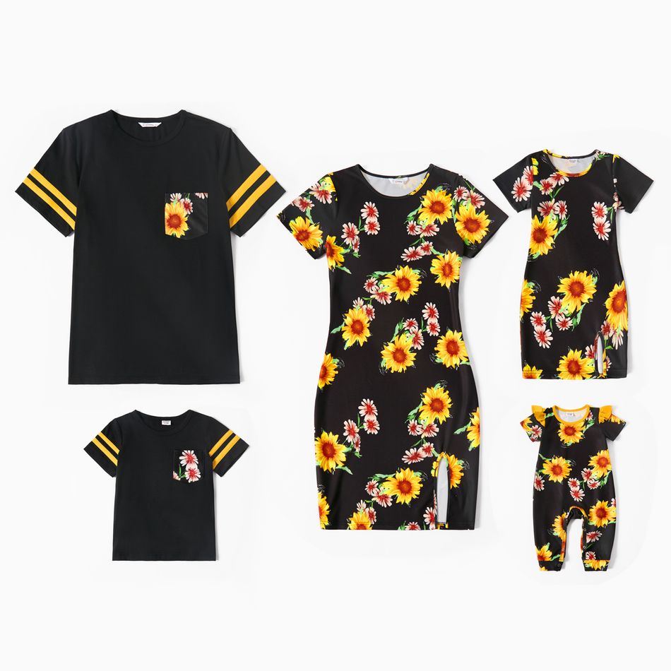 Family Matching Sunflower Floral Print Black Short-sleeve Pencil Dresses and T-shirts Sets Multi-color