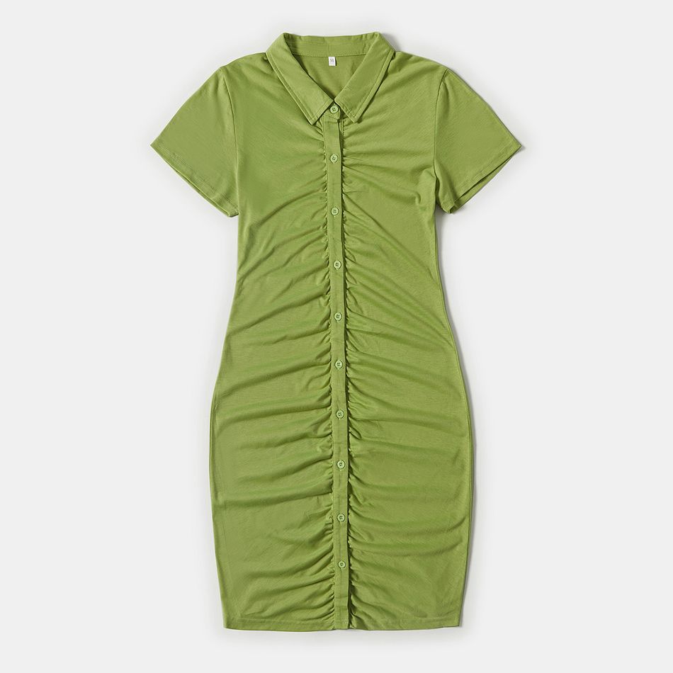 100% Cotton Solid Green Lapel Button Short-sleeve Ruched Bodycon Dress for Mom and Me Pale Green big image 2