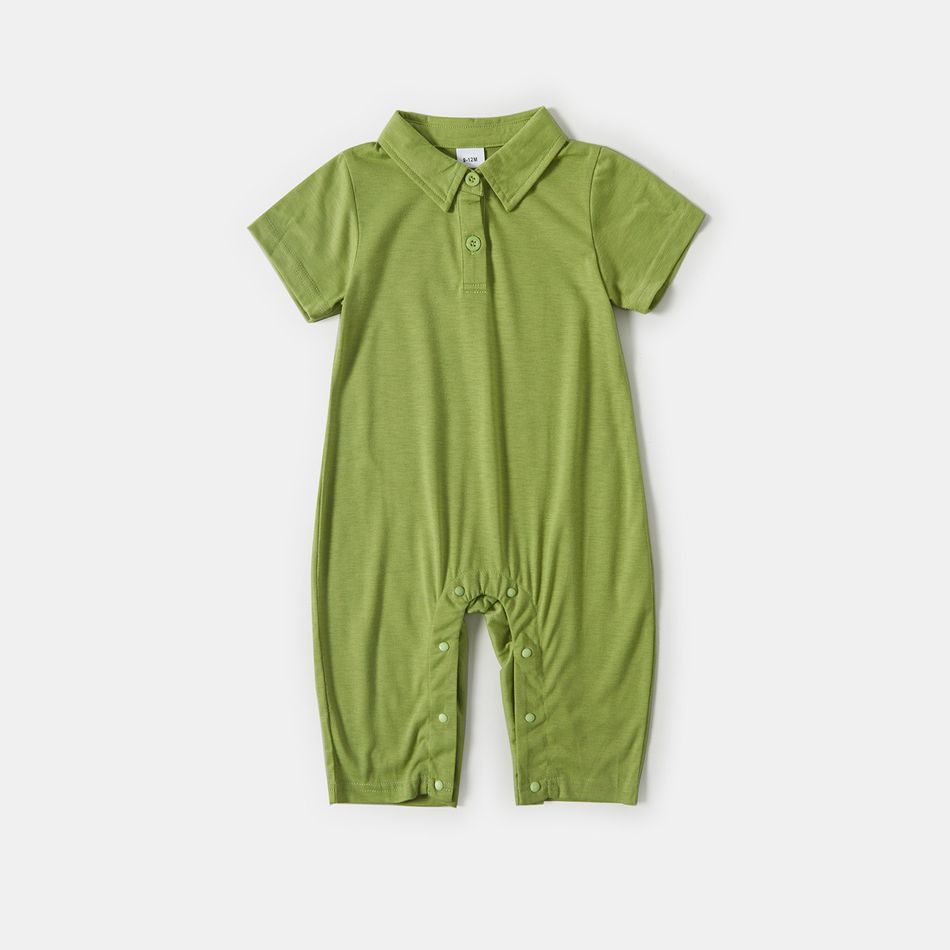 100% Cotton Solid Green Lapel Button Short-sleeve Ruched Bodycon Dress for Mom and Me Pale Green big image 6