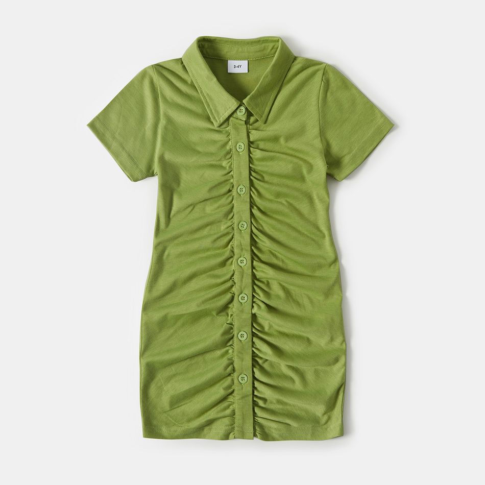 100% Cotton Solid Green Lapel Button Short-sleeve Ruched Bodycon Dress for Mom and Me Pale Green big image 3