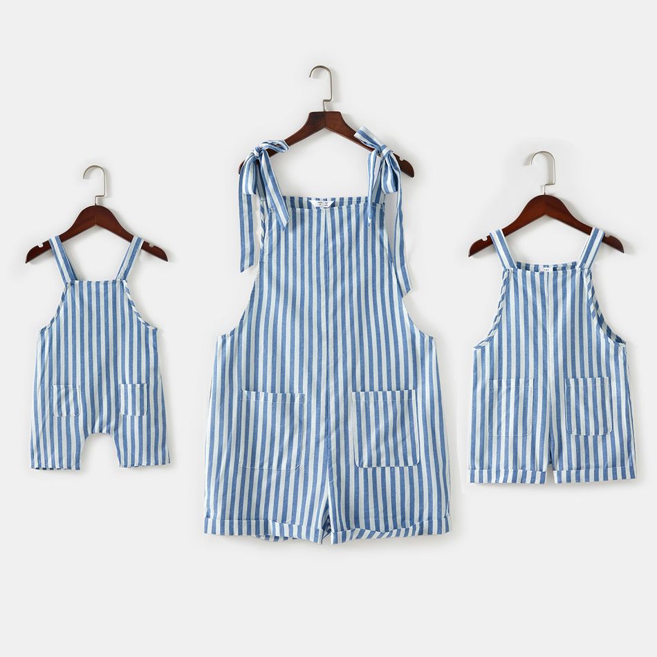 Blue Striped Sleeveless Suspender Romper Shorts Overalls for Mom and Me Dark Blue/white