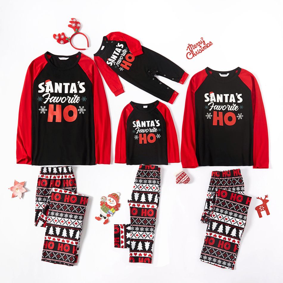 Christmas Letter Print Black Red Plaid Family Matching Long-sleeve Pajamas Sets (Flame Resistant) Black