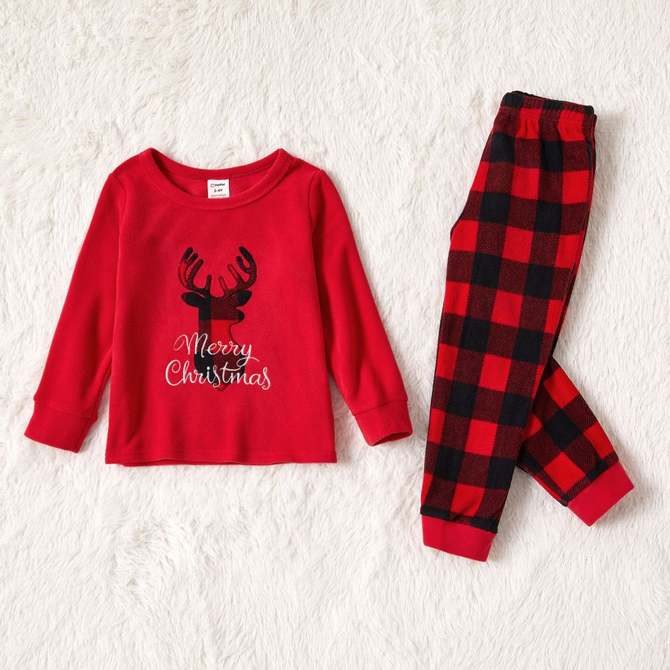 Christmas Deer and Letter Embroidered Red Family Matching Long-sleeve Thickened Polar Fleece Pajamas Sets (Flame Resistant) Red big image 13