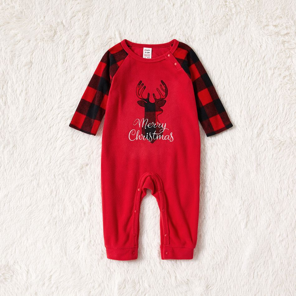 Christmas Deer and Letter Embroidered Red Family Matching Long-sleeve Thickened Polar Fleece Pajamas Sets (Flame Resistant) Red big image 15