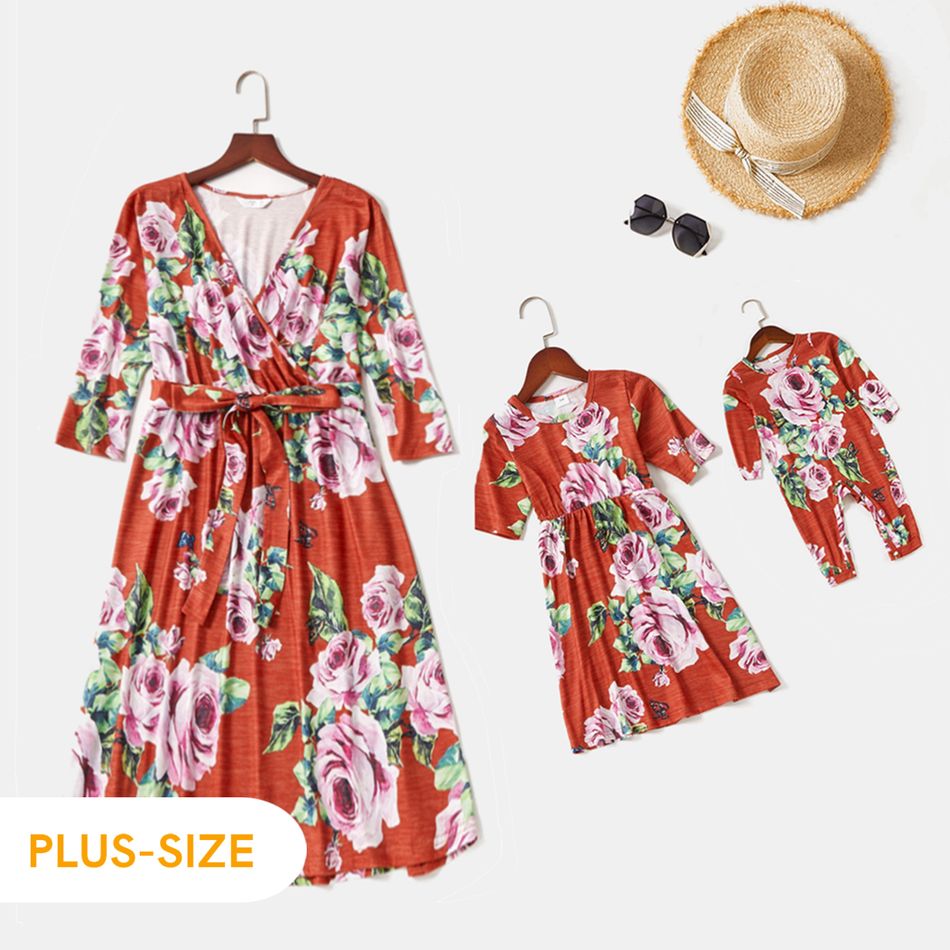 Floral Print Red V Neck Long-sleeve Midi Dress for Mom and Me Red