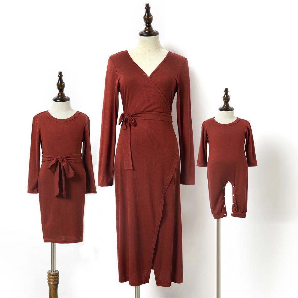 Solid Brown Ribbed Tie Waist Long-sleeve Belted Midi Wrap Dress for Mom and Me Brown