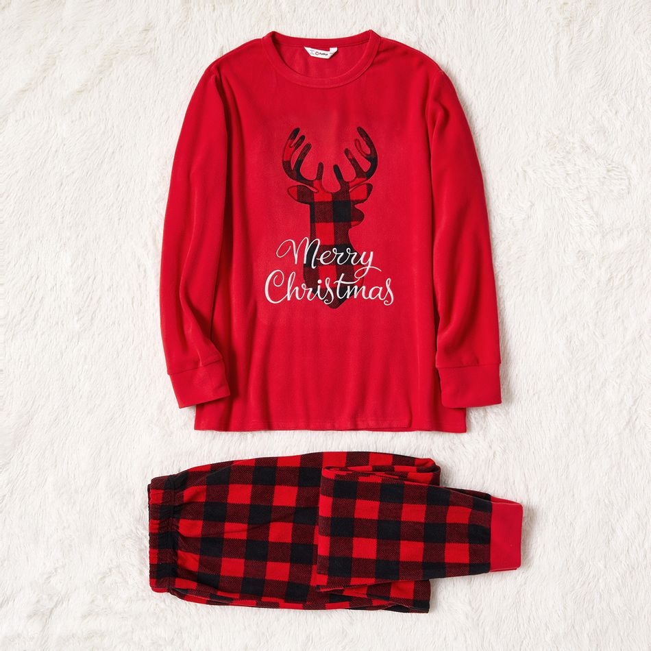 Christmas Deer and Letter Embroidered Red Family Matching Long-sleeve Thickened Polar Fleece Pajamas Sets (Flame Resistant) Red big image 9