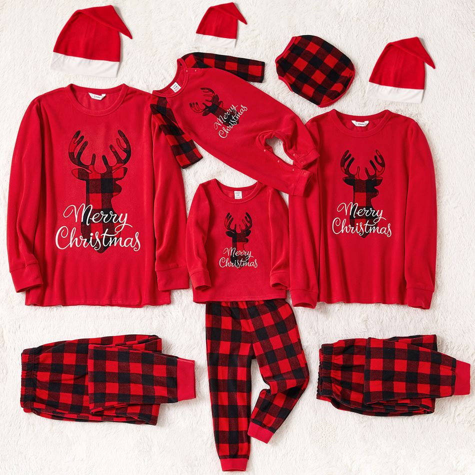 Christmas Deer and Letter Embroidered Red Family Matching Long-sleeve Thickened Polar Fleece Pajamas Sets (Flame Resistant) Red big image 2