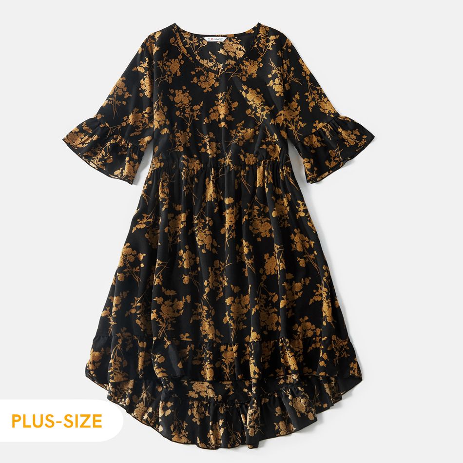 Floral Print Black V Neck Bell Sleeve Ruffle Mini Dress for Mom and Me Black big image 2