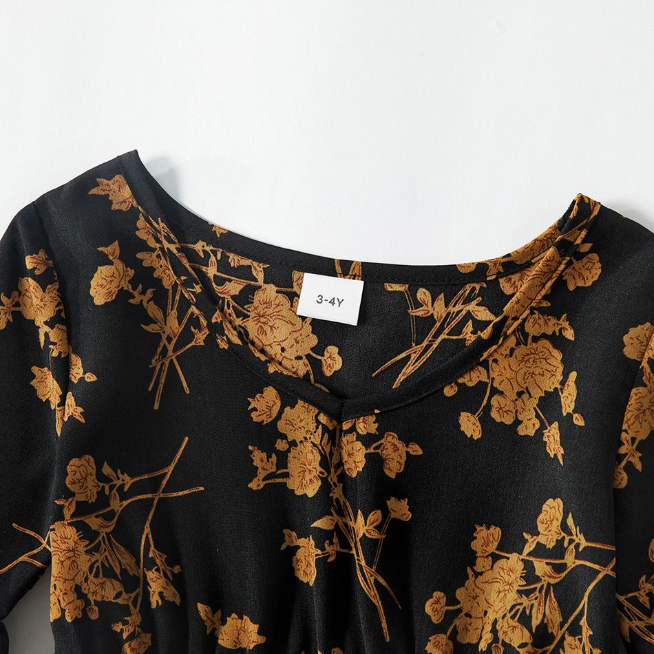 Floral Print Black V Neck Bell Sleeve Ruffle Mini Dress for Mom and Me Black big image 6