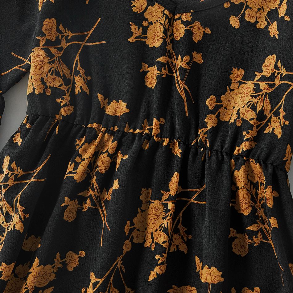 Floral Print Black V Neck Bell Sleeve Ruffle Mini Dress for Mom and Me Black big image 7