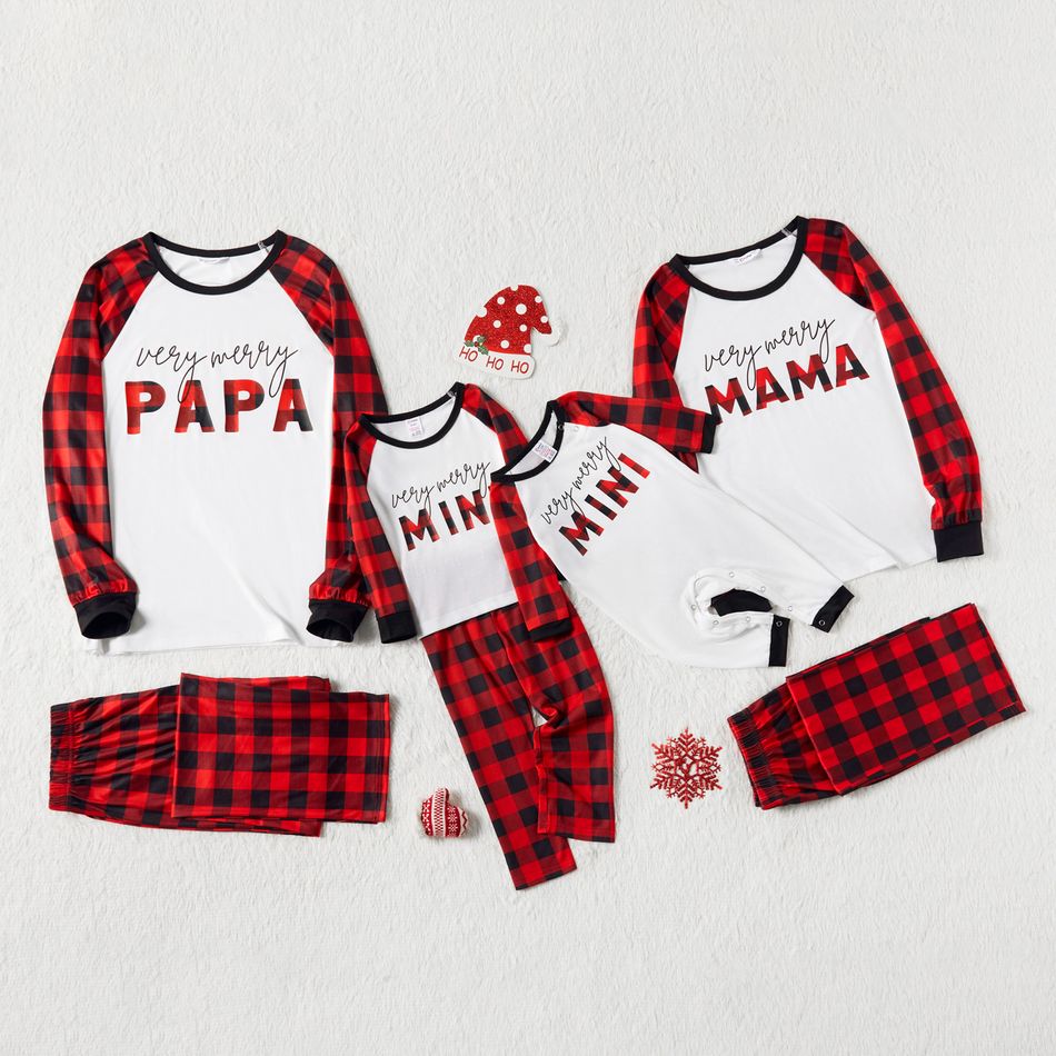 Christmas Letter Print Family Matching Red Plaid Raglan Long-sleeve Pajamas Sets (Flame Resistant) Color block