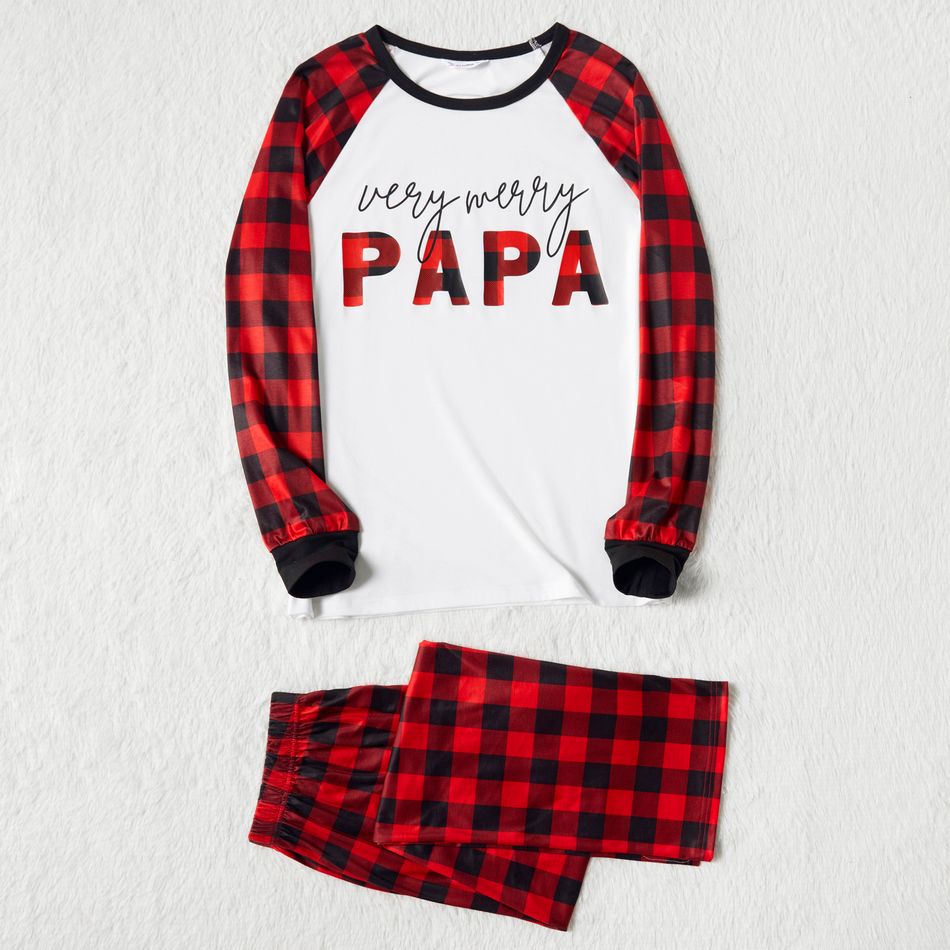 Christmas Letter Print Family Matching Red Plaid Raglan Long-sleeve Pajamas Sets (Flame Resistant) Color block big image 2