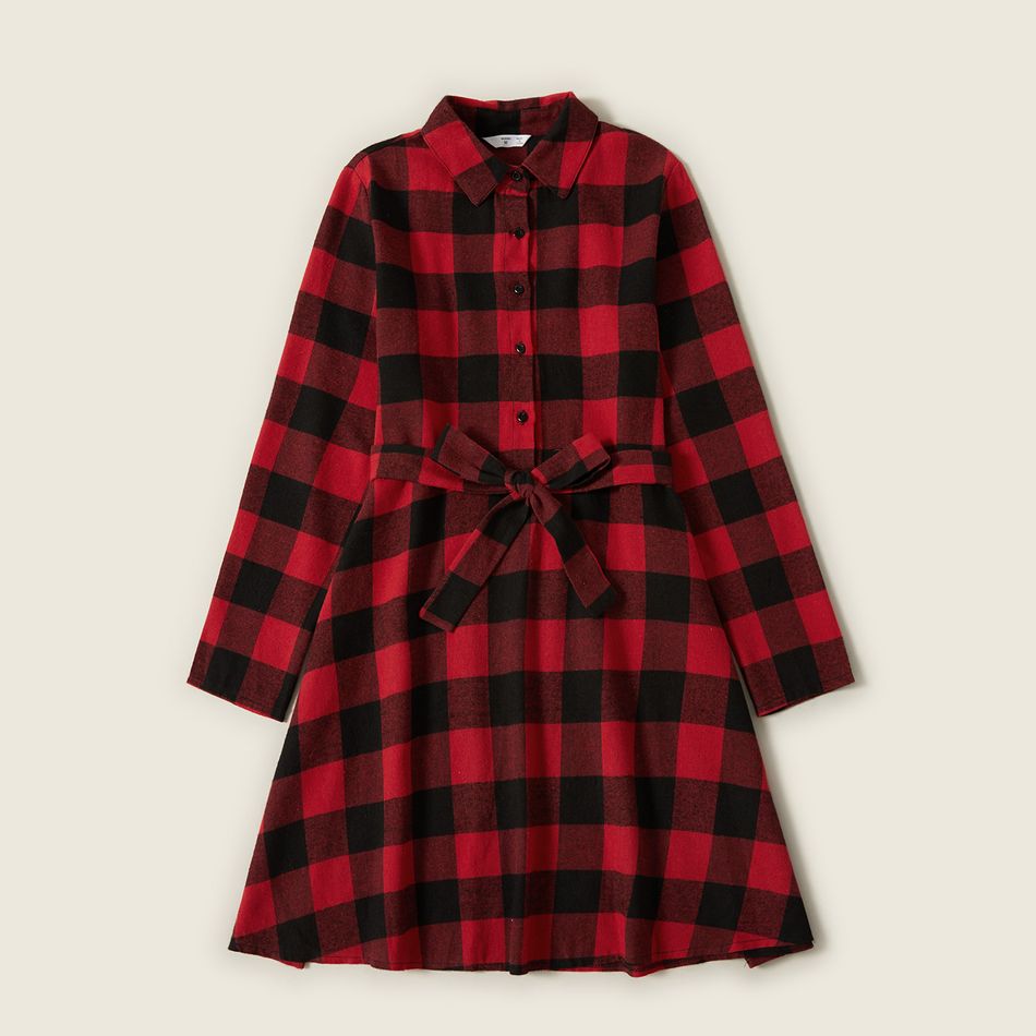 Red and Black Plaid Print Family Matching Sets（Lapel Long-sleeve Belted Dresses and Shirts） Red big image 5