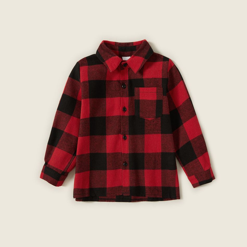 Red and Black Plaid Print Family Matching Sets(Lapel Long-sleeve Belted Dresses and Shirts) Red big image 11