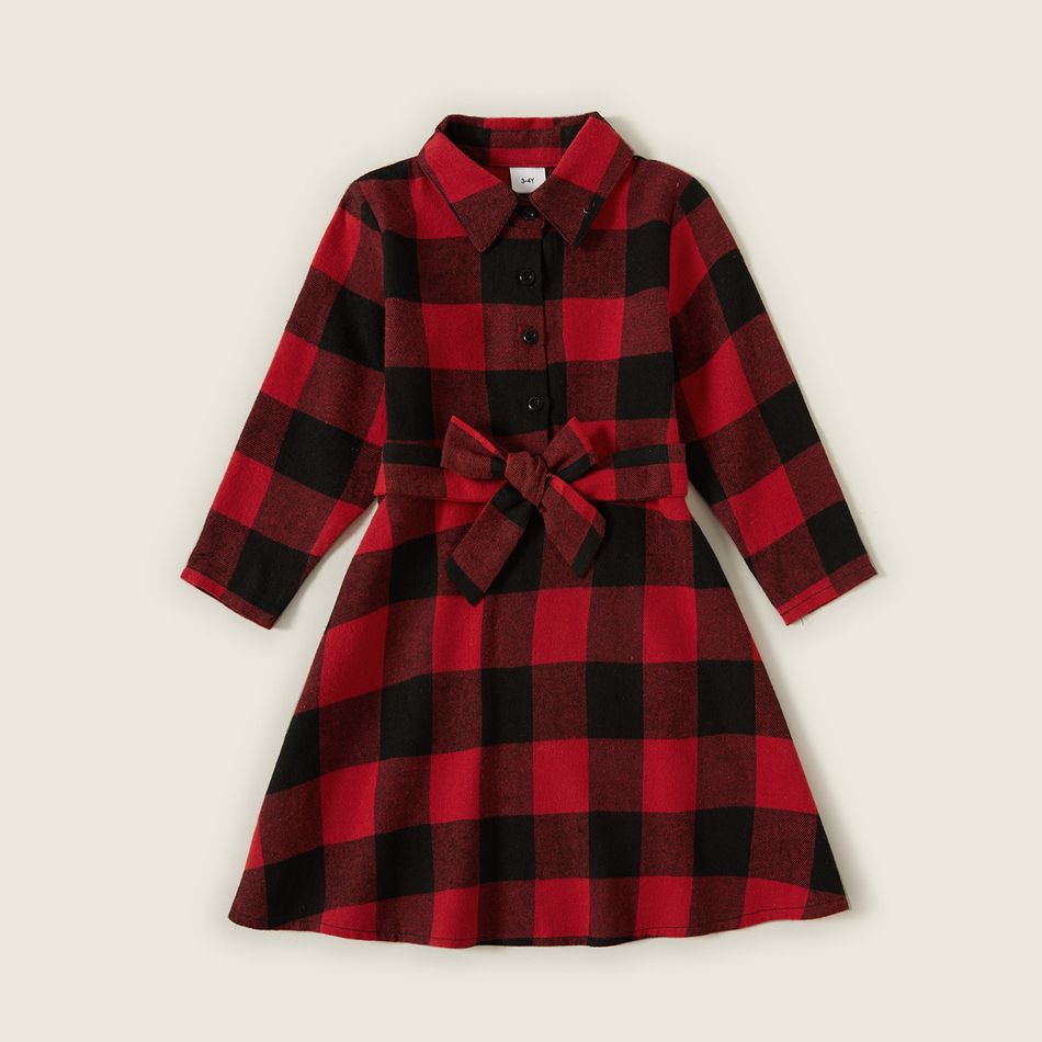 Red and Black Plaid Print Family Matching Sets（Lapel Long-sleeve Belted Dresses and Shirts） Red big image 8