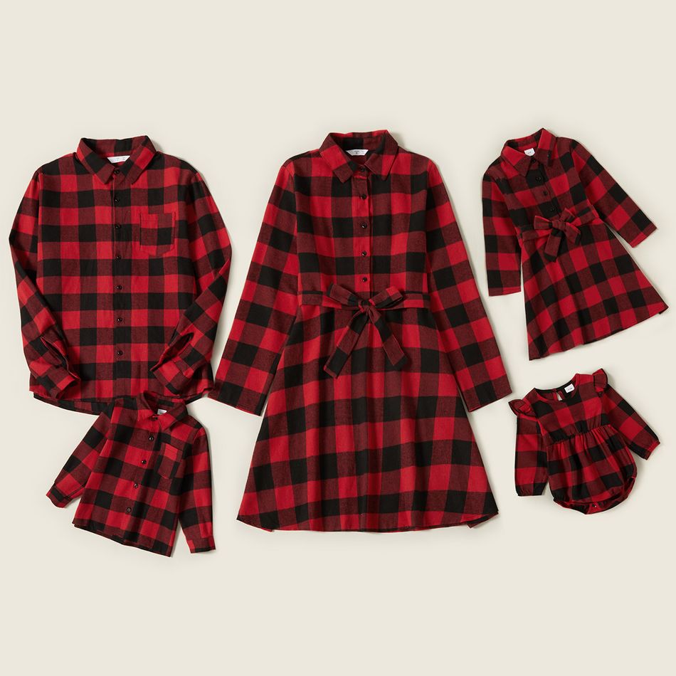 Red and Black Plaid Print Family Matching Sets（Lapel Long-sleeve Belted Dresses and Shirts） Red big image 2