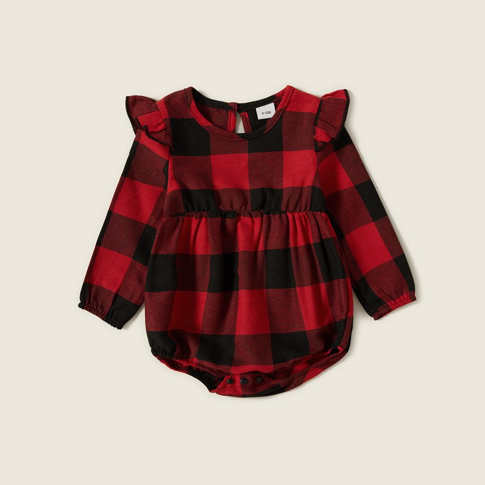 Red and Black Plaid Print Family Matching Sets（Lapel Long-sleeve Belted Dresses and Shirts） Red big image 10