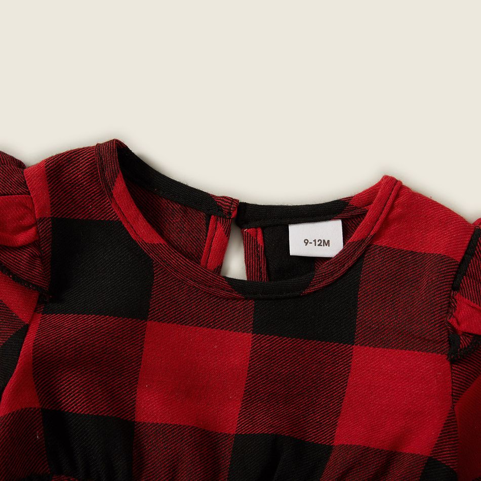 Red and Black Plaid Print Family Matching Sets(Lapel Long-sleeve Belted Dresses and Shirts) Red big image 15