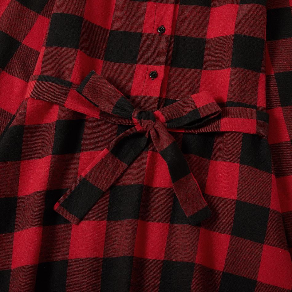Red and Black Plaid Print Family Matching Sets（Lapel Long-sleeve Belted Dresses and Shirts） Red big image 16