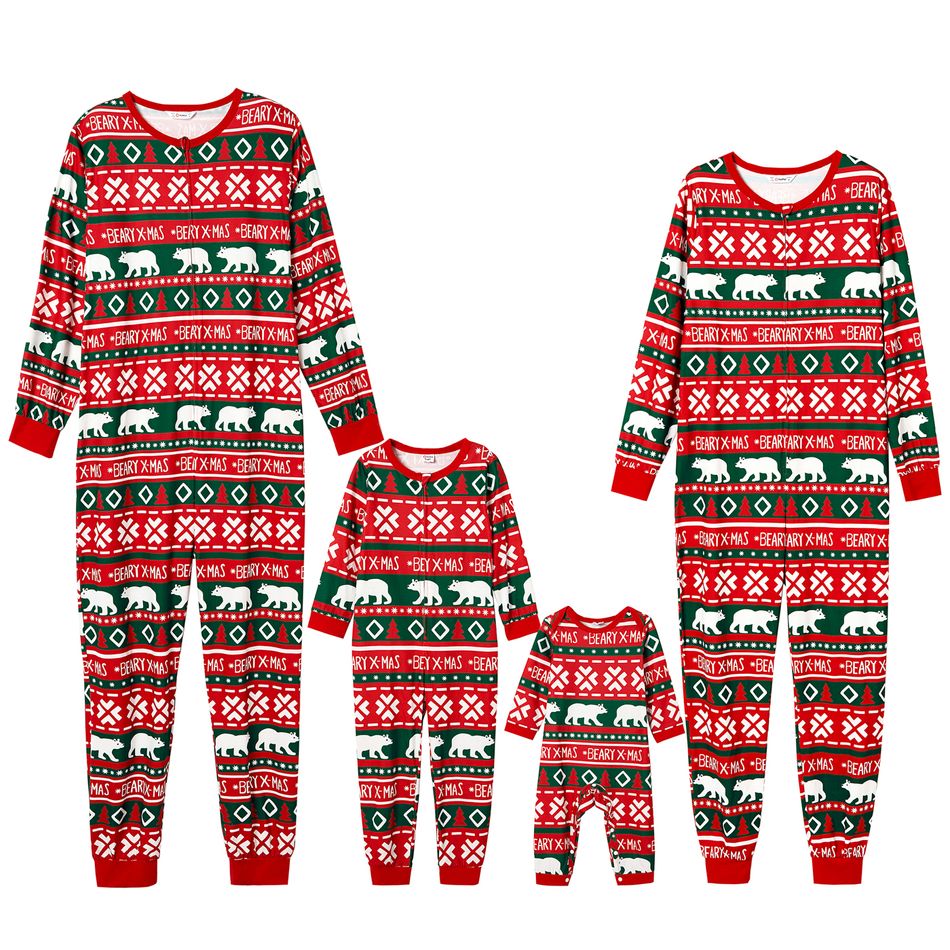 Christmas Polar Bear and Letter All Over Print Red Family Matching Long-sleeve Onesies Pajamas Sets (Flame Resistant) Multi-color big image 2