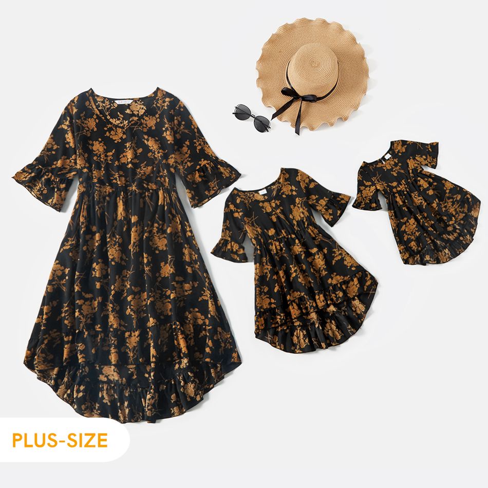 Floral Print Black V Neck Bell Sleeve Ruffle Mini Dress for Mom and Me Black