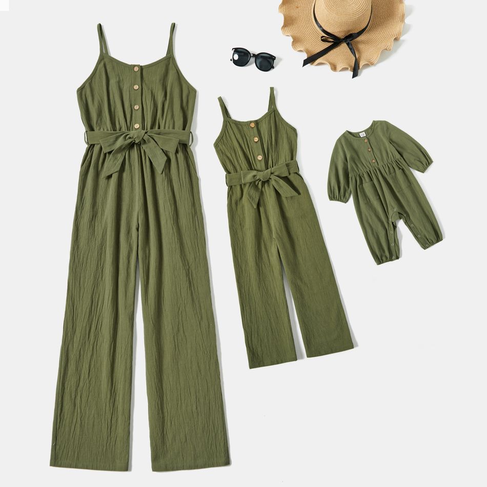 100% Cotton Army Green Sleeveless Cami Belted Jumpsuits for Mom and Me Army green