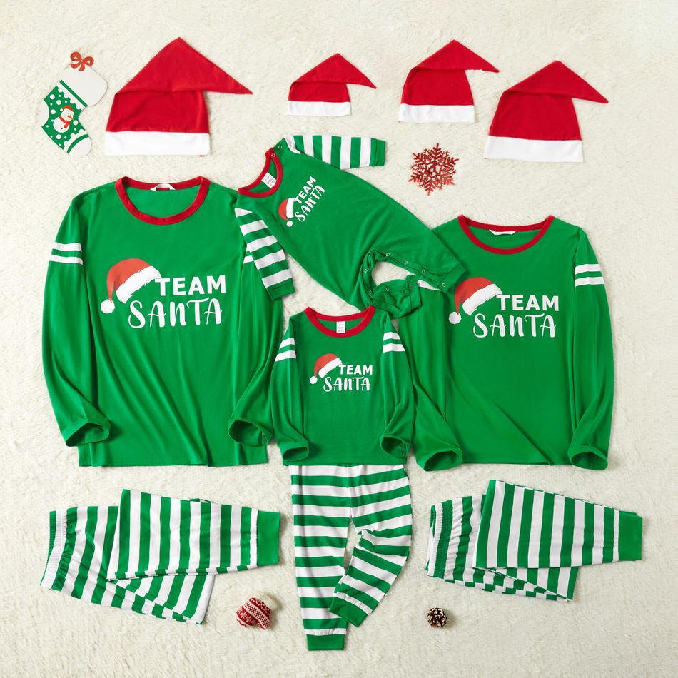Christmas Hat and Letter Print Green Family Matching Long-sleeve Striped Pajamas Sets (Flame Resistant) Green