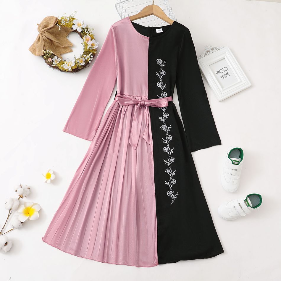 Kid Girl Floral Embroidered Colorblock Splice Belted Pleated Long-sleeve Dress Color block