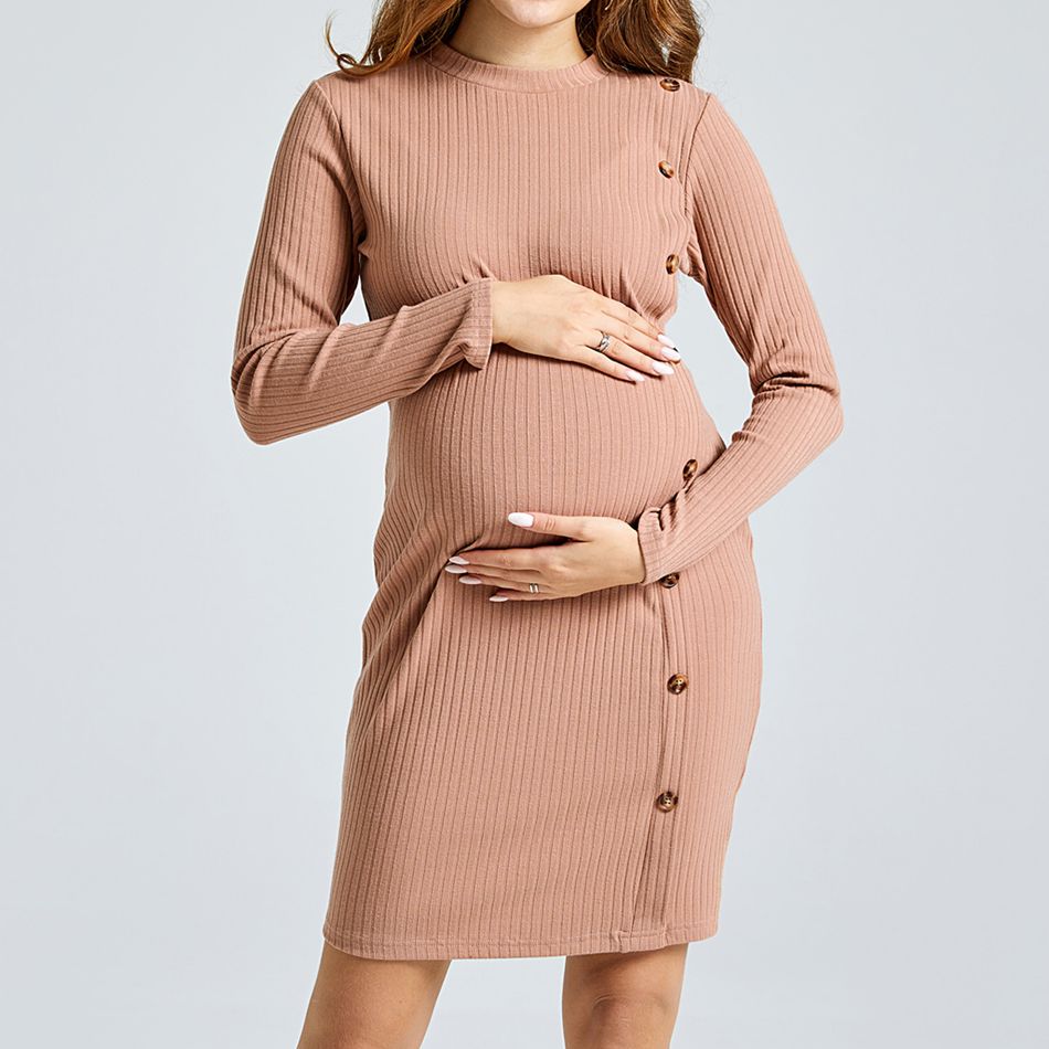 Maternity Stand Collar Long-sleeve Khaki Button Dress Khaki